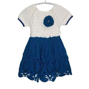 Handmade Crochet Dress Girl's White Blue Flower Accent Short Sleeve 3-4 lined